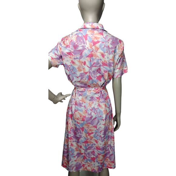 Vintage 70s Marti Petite Pastel Abstract Floral Button-Front Belted Day Dress - Picture 5 of 8
